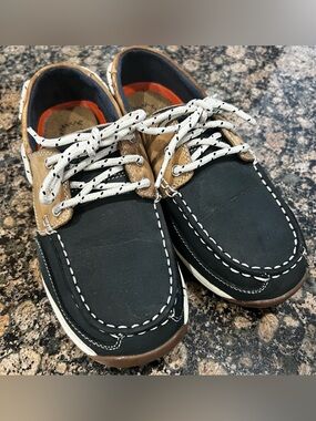 Rockport Works Womens Black Tan Boat Shoes Lace Up Flats Contrast Stitching